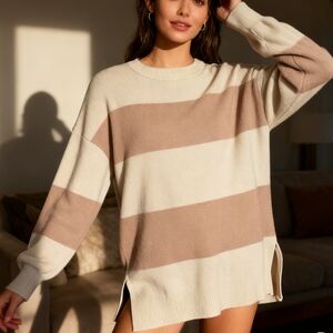 Dreamers Size M/L Beige and Taupe Striped Crewneck Sweater